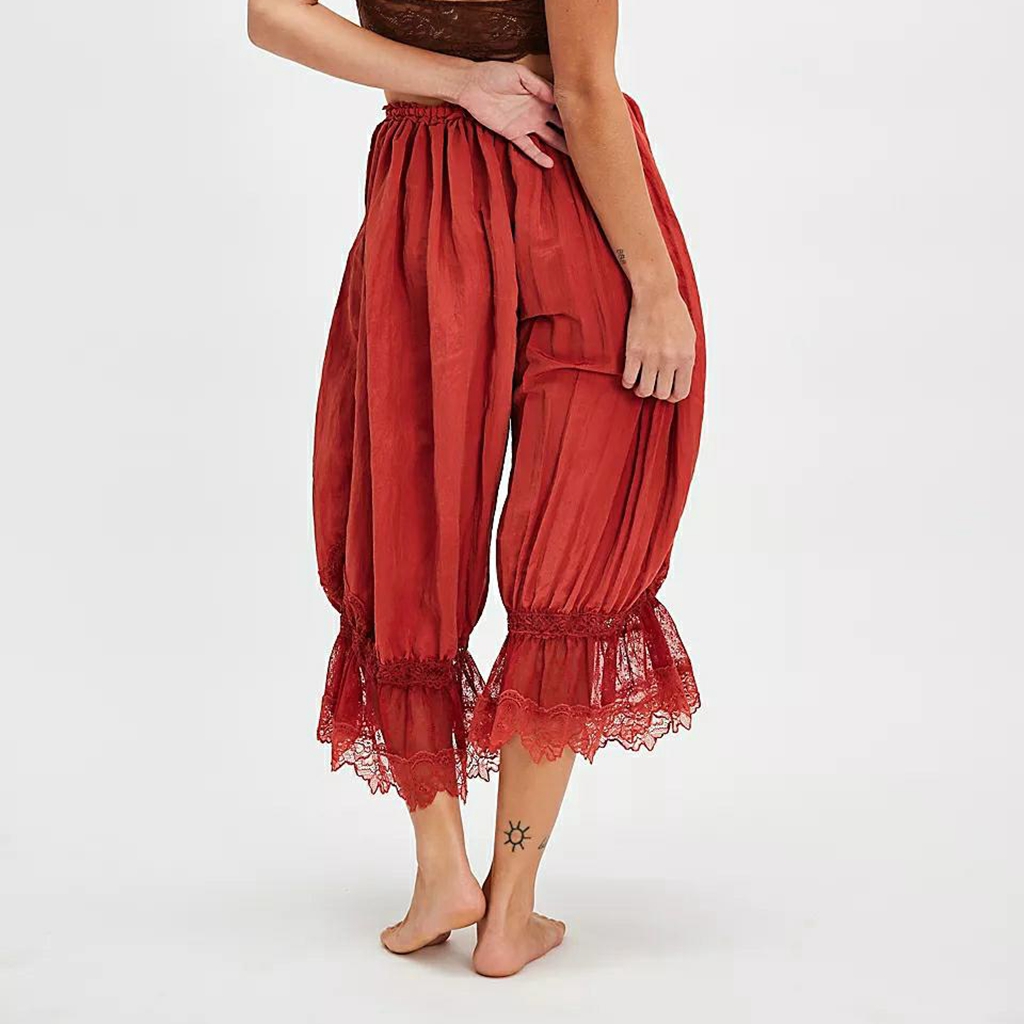 Combhasaki Damen Y2K Loose Fit Bloomers Kurze Hose Kordelzug Hohe Taille Blumenspitze Patchwork Wadenlange Laternenhose