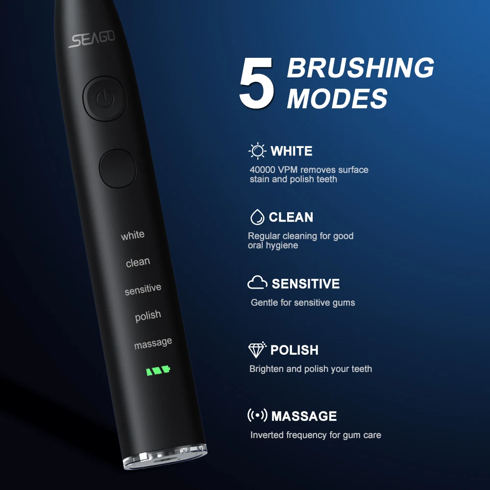 Seago 전기 음파 칫솔 USB 충전식 성인 360 일 롱 배터리 수명 선물로 4개의 교체 헤드SG-575