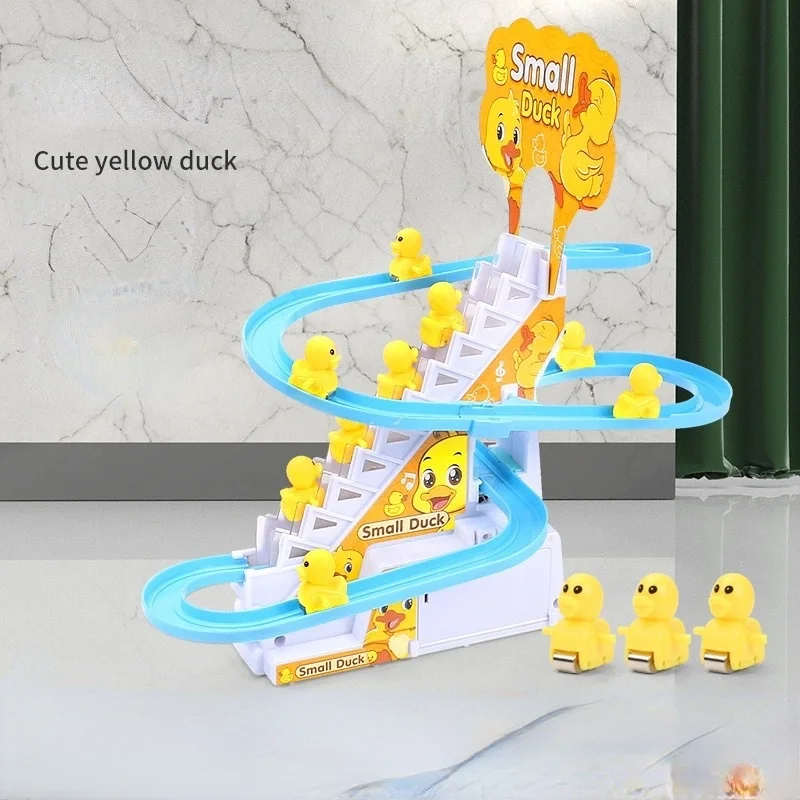 ของเล่นเด็กเป็ด DIY Rail Racing Track เป็ดขนาดเล็กปีนบันไดของเล่นไฟฟ้ารถบันไดเพลงของเล่นเพื่อการศึกษาเด็ก 3-5Y