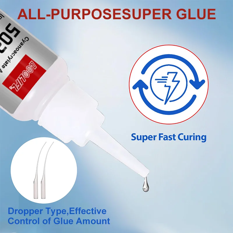 LOOLIFL 502 Super Glue Adhésif cyanoacrylate instantané à séchage rapide Cuir Caoutchouc Verre Bois Métal Colle liquide à forte adhérence, imperméable à l'eau, inodore, colle transparente, colle rapide universelle