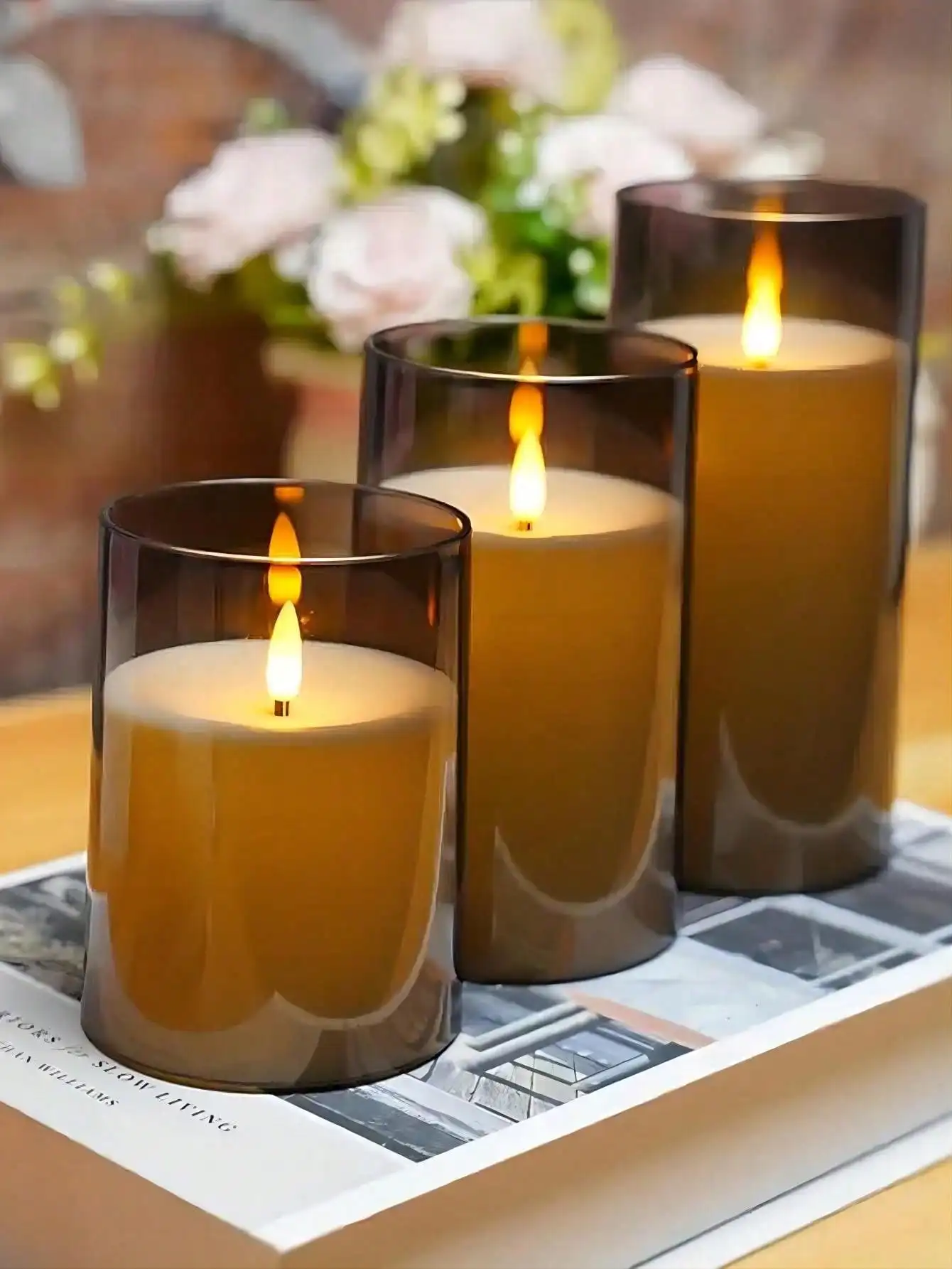 3D Flameless LED Candle Light Glass Jar Gray Amber Set 3 Candles Real Paraffin Wax LED Candles With Remote Control 2AA Battery