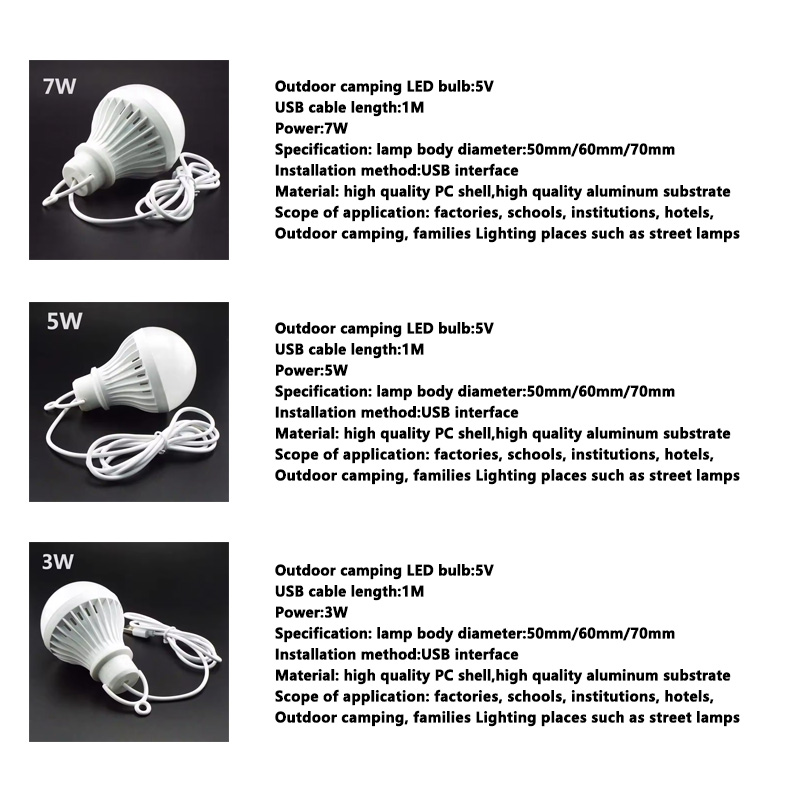 3/5/7W USB Lamp Bulb 5V Portable Camping Lantern Lamp LED Power Reading Book Light For Outdoor Camping Tent Emergency Lighting