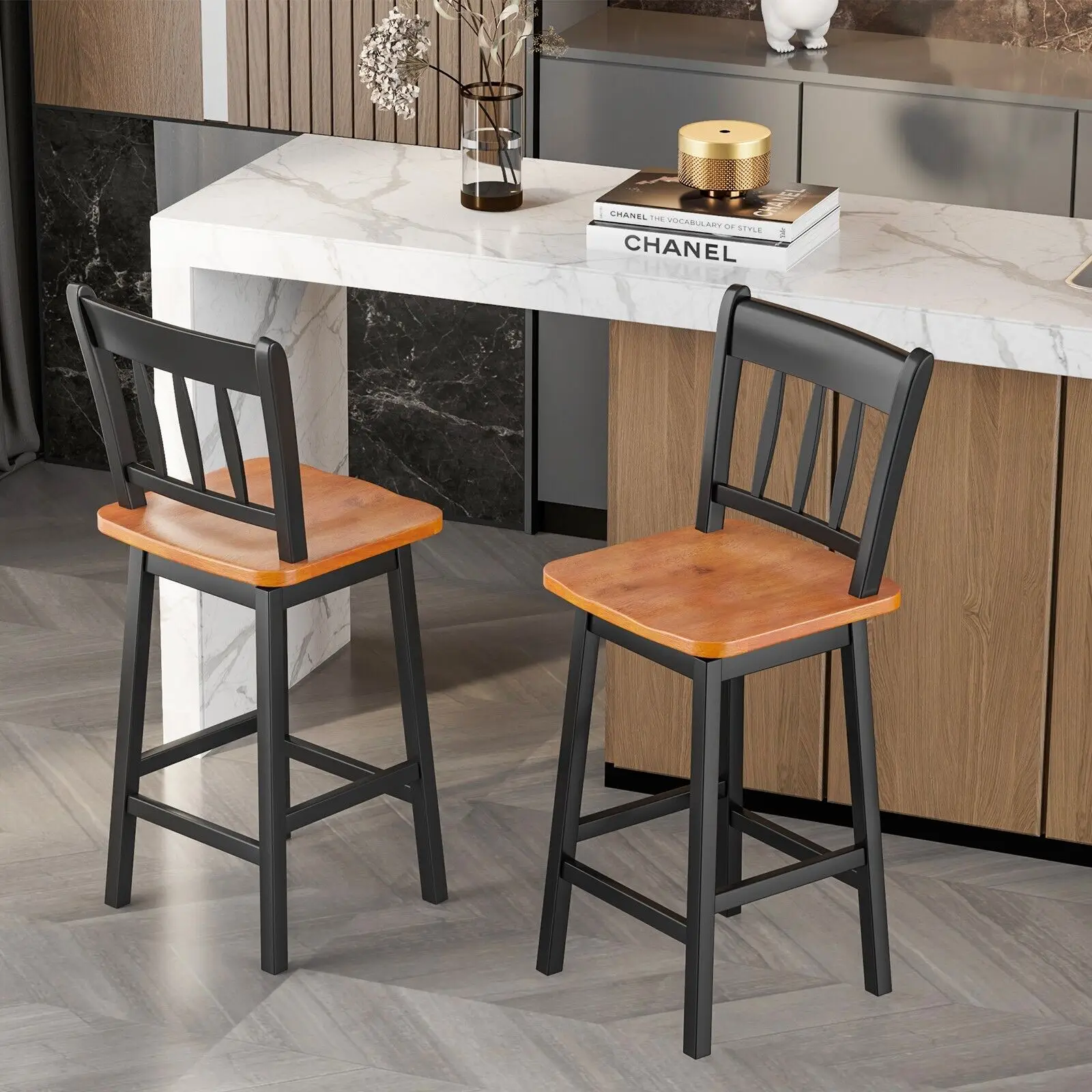 GOFLAME Bar Stools Set of 2 Rubber Wood Swivel Bar Chairs with Backrest & Footrest