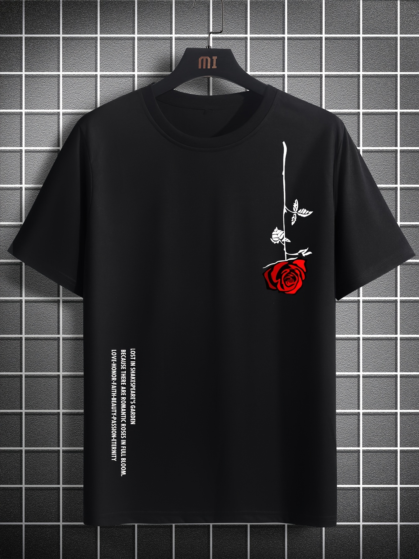 T-shirt manches courtes col rond homme, ample, 100% coton, imprimé Rose, décontracté, coupe cintrée, été