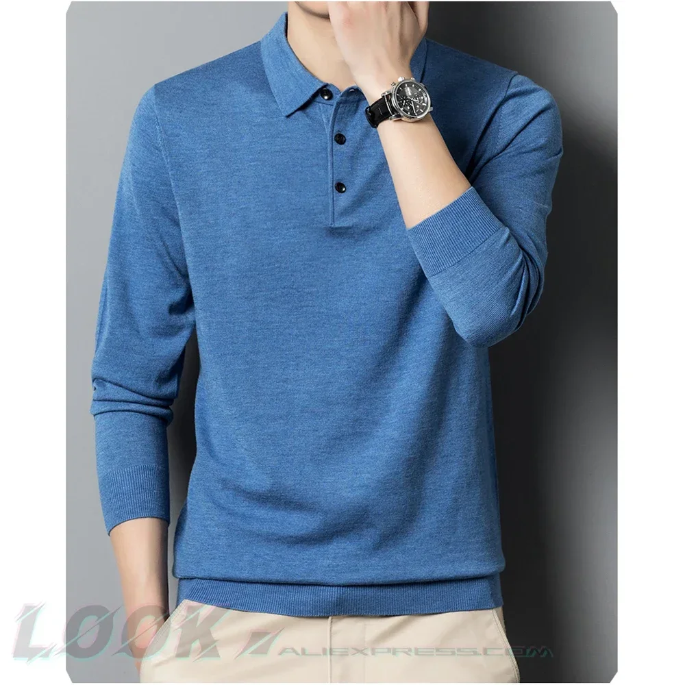 Herren Herbst Langarm Wolle Mischung einfarbig Polo Pullover Pullover mit Revers, lässige Bottom ing Pullover-Größen M-4XL