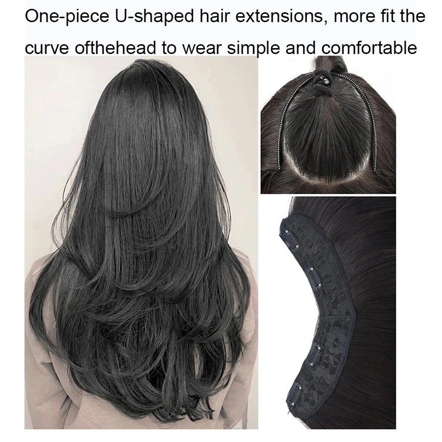 Peruca sintética feminina traceless invisível em forma de u cabelo longo e reto com fivela interna longo encaracolado peruca de extensão natural