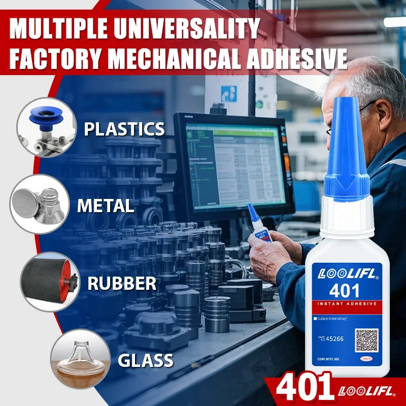 A nova atualização 401 é a cola super poderosa, seca de 3 segundos, adequada para fabricação industrial e manutenção de automóveis. Excelente adesão e fácil de usar.