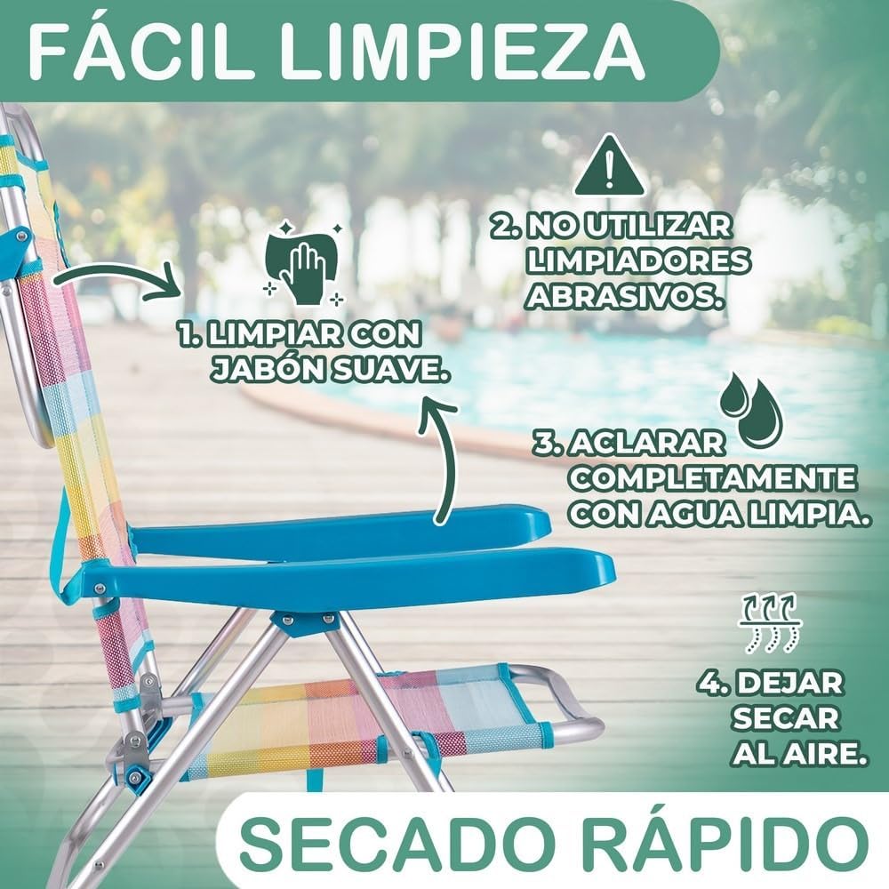 Pack 2 Sillas Playa Plegables |   Ligera Portátil |   Baja y Reclinable de 4 Posiciones |   para Camping, Piscina, Terraza o Jardín (M