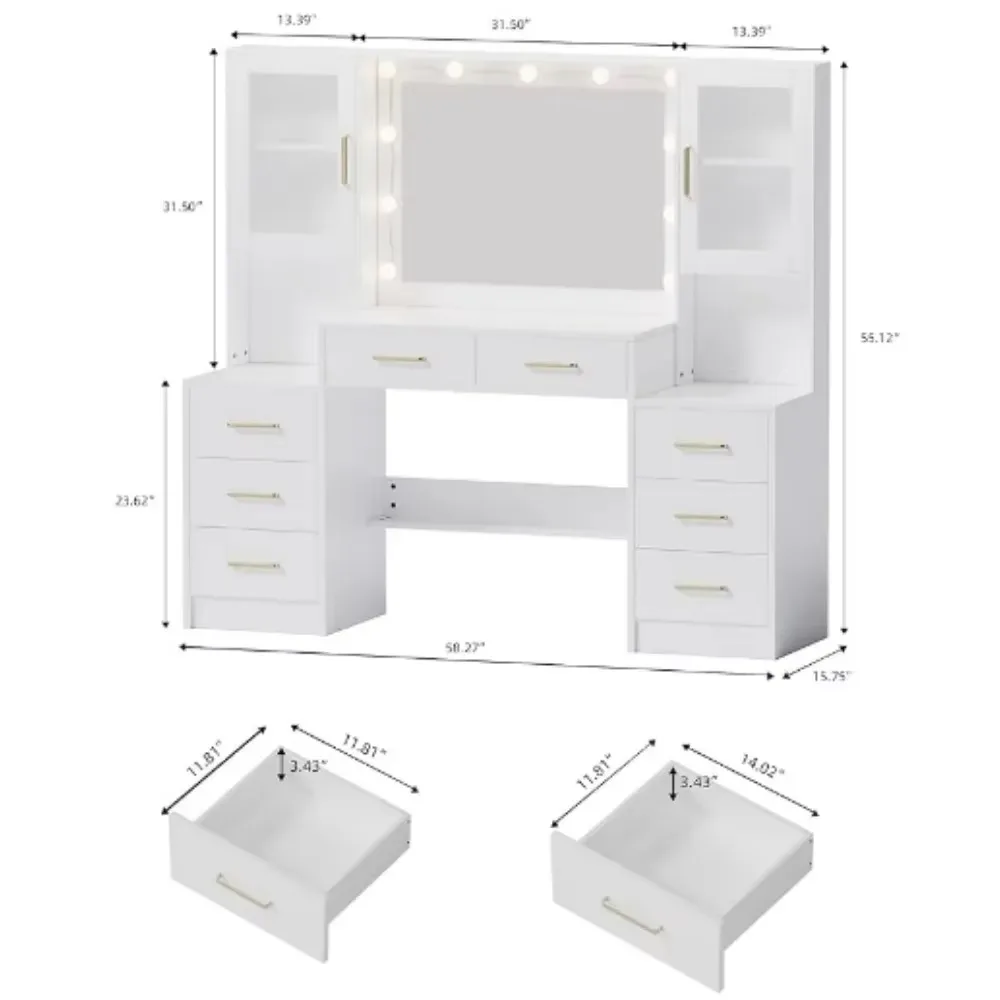 58.3" Makeup Vanity Desk with Charging Station, White Makeup Dressing Table with Mirror & Lights, 3 Lighting Modes Adjustable