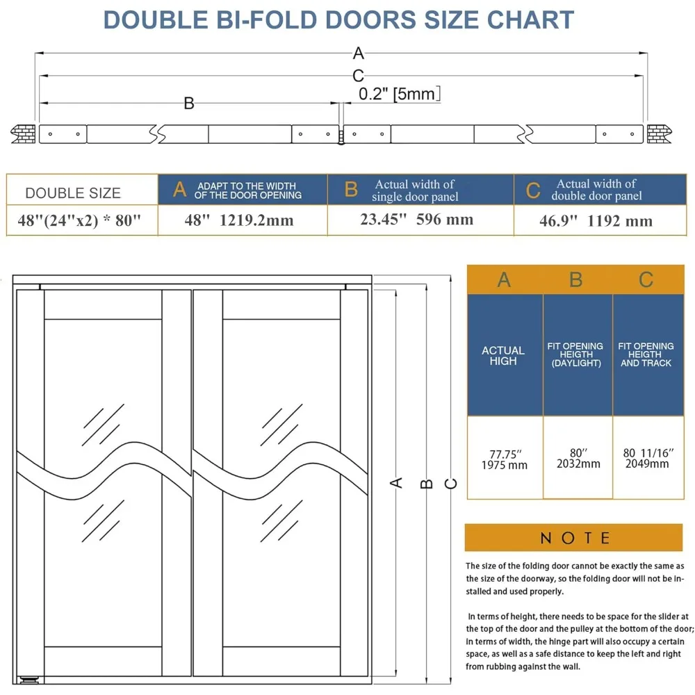 Folding Door, Closet Doors with Hardware Kits for 48" (Double 24") X 80" Double Panel Bi-Fold Doors