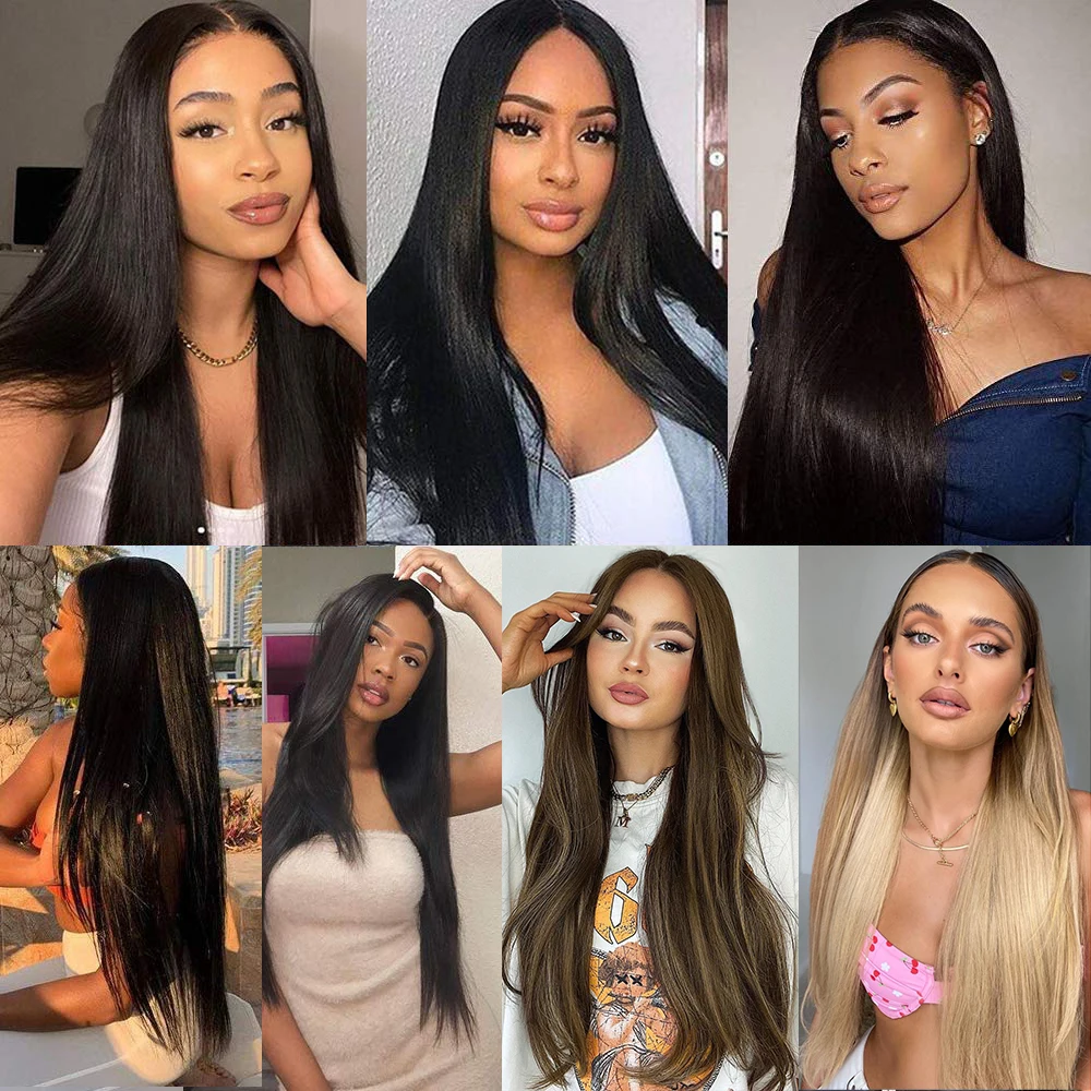 Extensões de cabelo sintético longo e reto, extensões de cabelo liso ombre marrom tecelagem de cabelo reto sintético completo para terminar