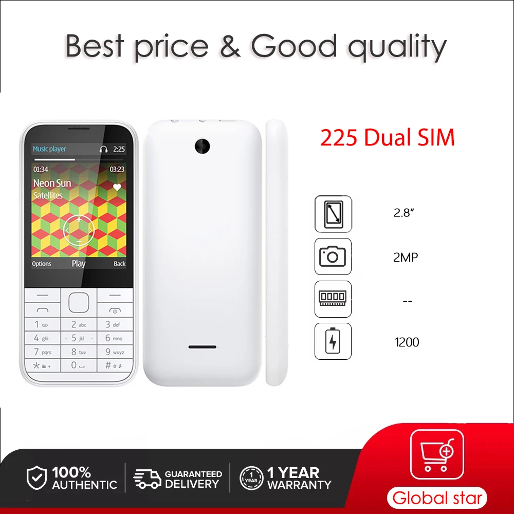 Original Unlocked 225 Dual SIM GSM 900 / 1800 Mobile Phone Russian Arabic Hebrew Keyboard Made in Finland