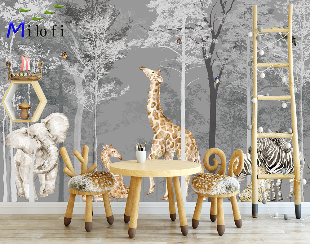 Milofi Professional 3D ขนาดใหญ่วอลล์เปเปอร์ภาพจิตรกรรมฝาผนังมือวาด Nordic Forest สัตว์เล็กภาพประกอบเด็กพื้นหลัง