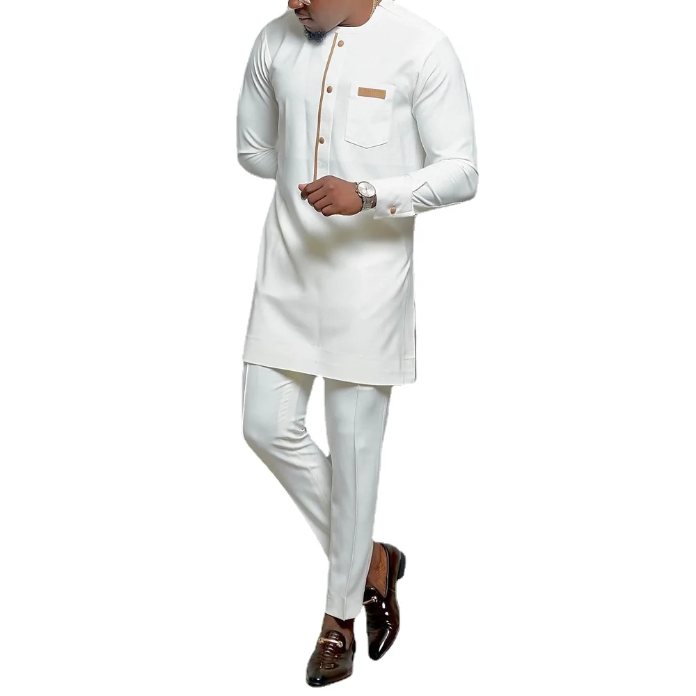 Herren-Social-Anzüge, 2er-Set, Herren-Rundhalsausschnitt, lange Ärmel, einfarbig, getäfelte Hemden, Festival, Party, afrikanischer Ethno-Stil (M-4XL)