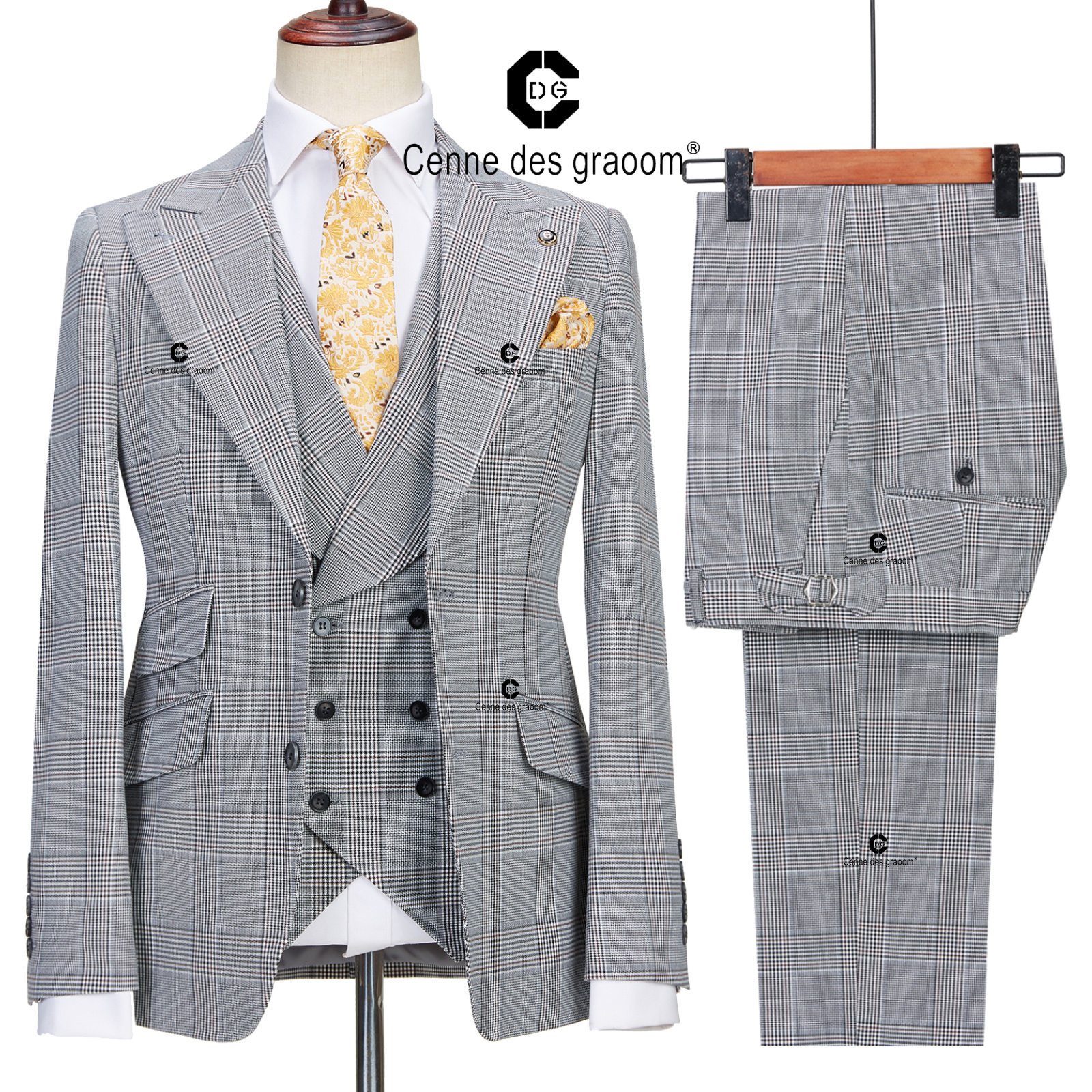 Cenne Des Graoom 2022 Klassische Glen Plaid 3 Stück Vintage Männer Anzüge Winter Jacke Weste Hosen Tailor-Made Business büro Hochzeit