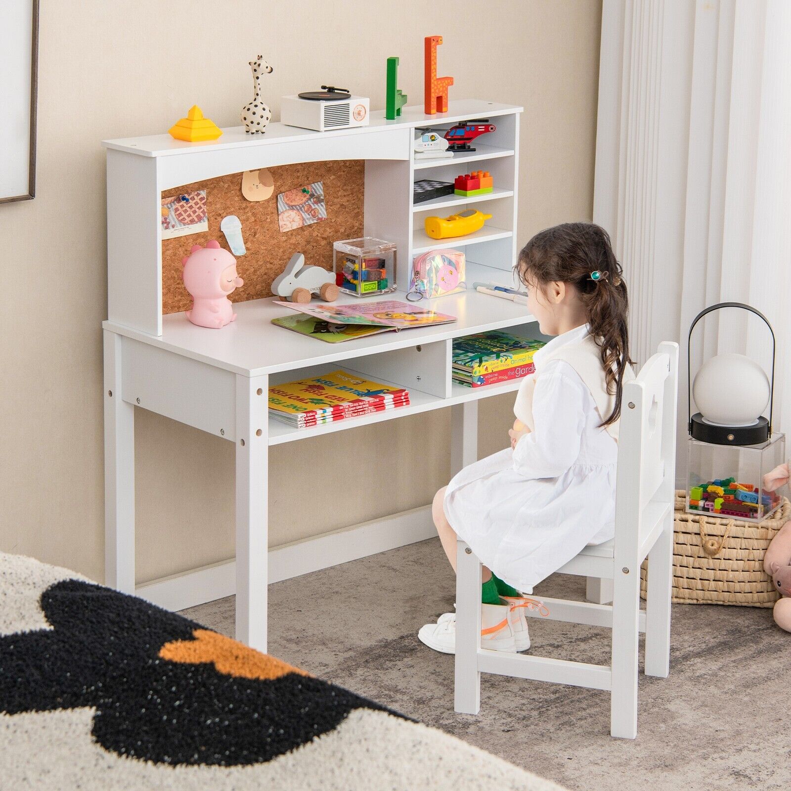 GOFLAME Kids Desk and Chair Set, Student's Study Table with Chair, Hutch, Cork Bulletin Board, Bookshelf & Drawers