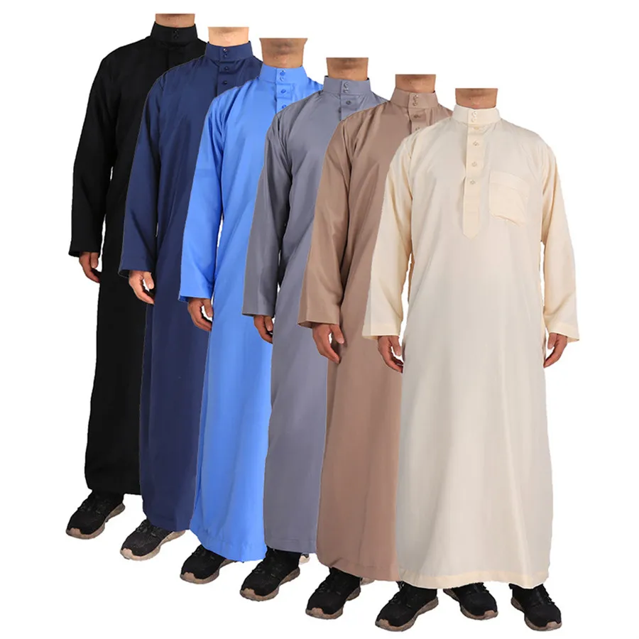 固体イスラム教徒のファッション男性ローブカフタンアバヤパキスタン Jubba 男性ボンネットオム Musulman アラビアイスラム服 Qamis オム Musulman