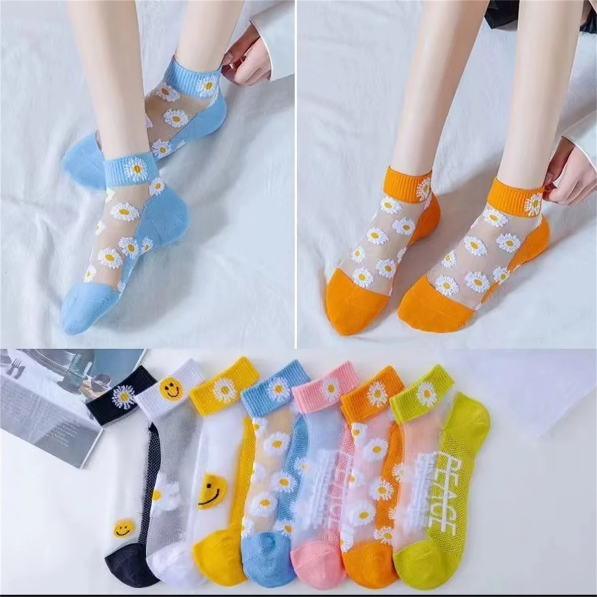5 Paar Socken mit Gänseblümchenmuster, weiche und leichte kurze Netzsocken, Damenstrümpfe und Strumpfwaren