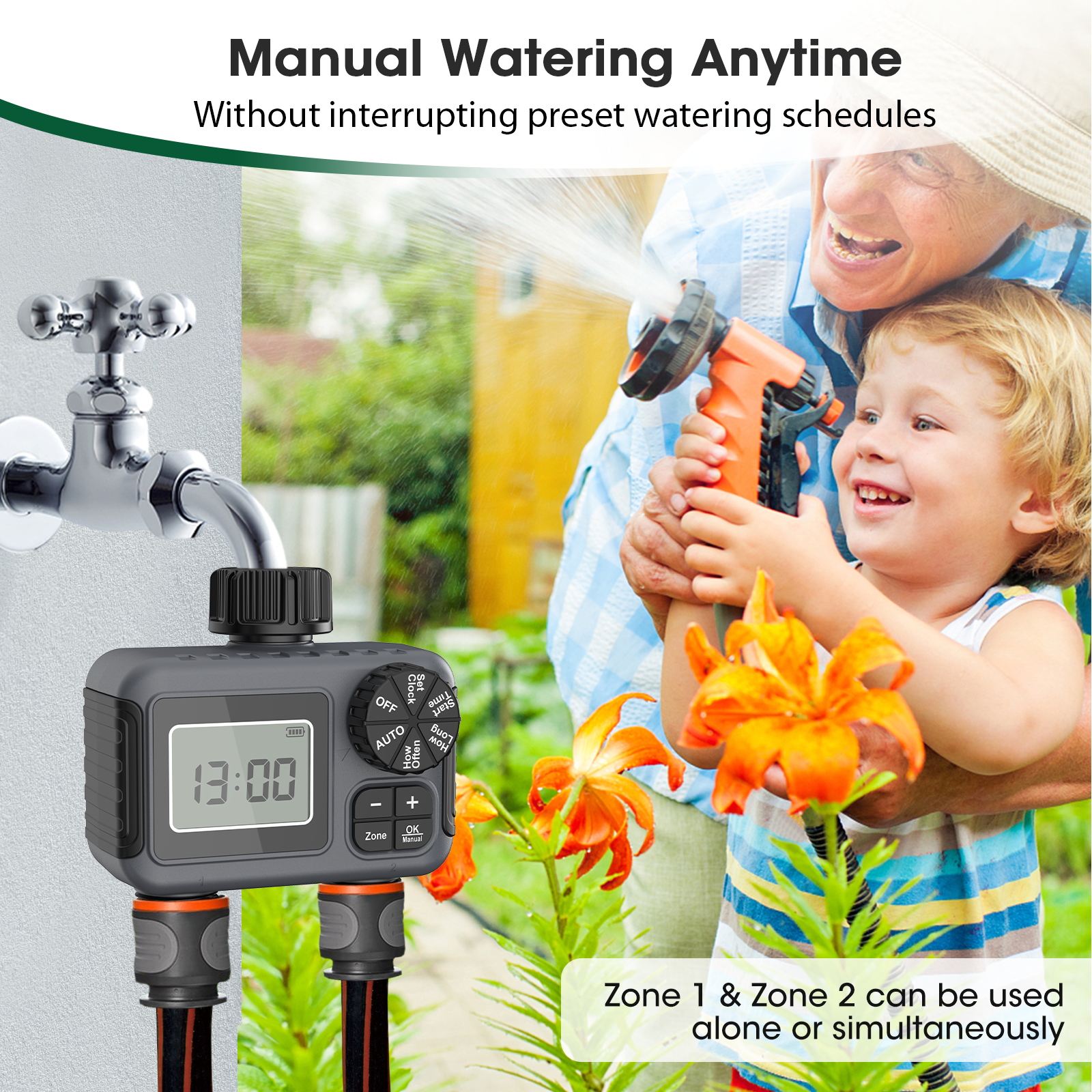 Insoma timer per irrigazione a 2 zone timer programmabile per tubo da giardino controller di irrigazione a risparmio idrico per sistemi di gocciolamento del prato IPX5