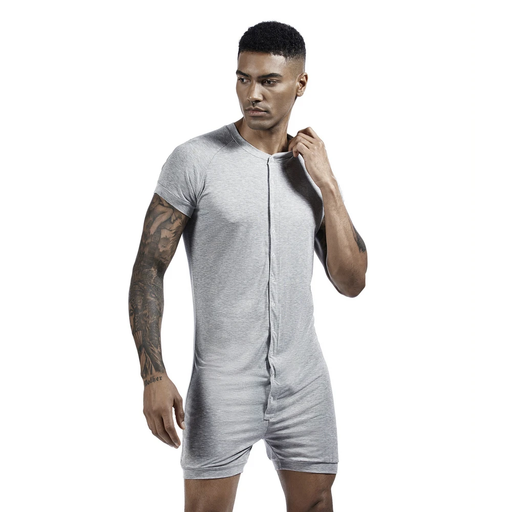 SEOBEAN Men's Button Short Sleeve jumpsuit - Comfortable Solid Color Loose High Elastic Home Clothes Sleepwear