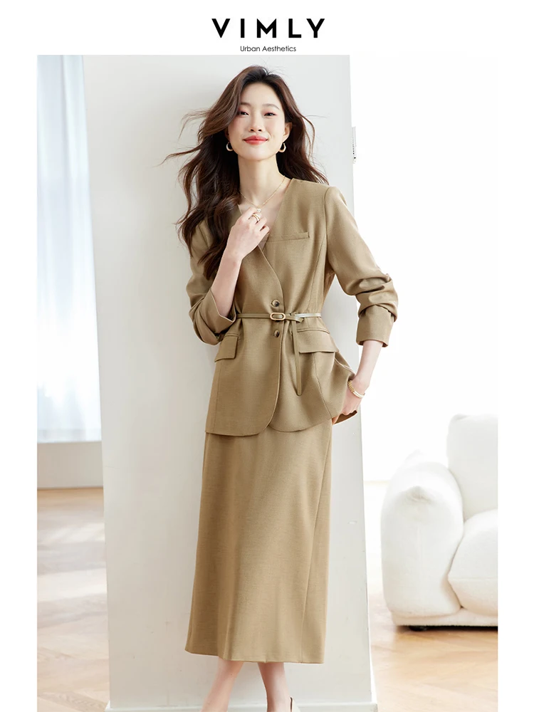 Vimly 2024 Spring Outfits Blazer Skirt 2 Pieces Sets for Women Elegant Fashion Matching Sets Jacket Split Skirt Suit with Belt
