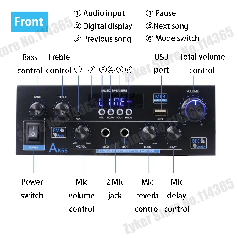 AK35/AK45/AK55 Amplificatori audio Amplificatore digitale Bluetooth per Home Car Karaoke AMPLIFICATORE stereo HiFi a 2 canali FM USB Telecomando
