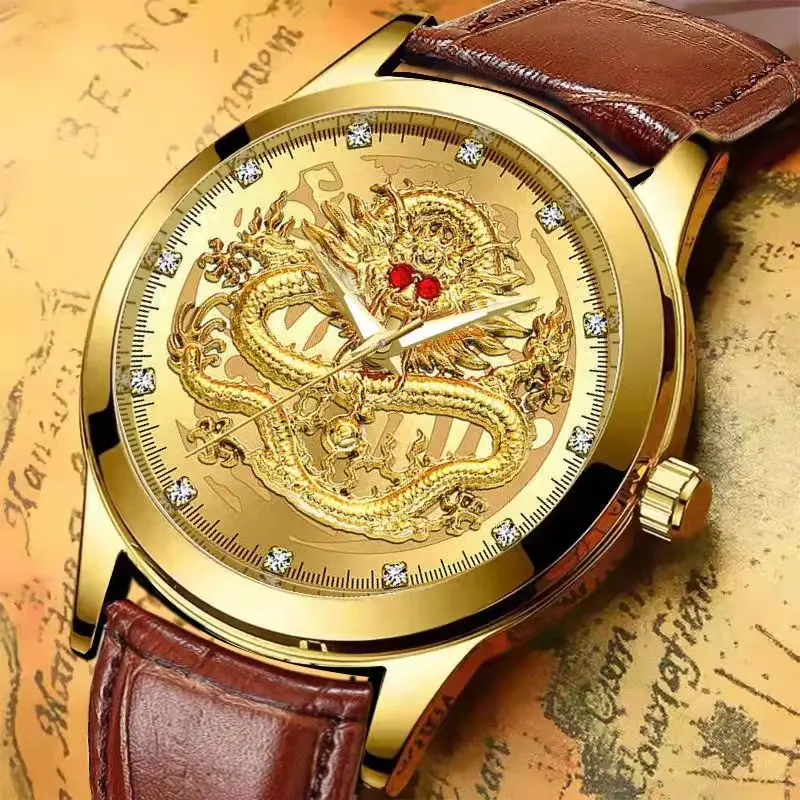 WOKAI, reloj de cuarzo con cinturón de ocio para hombre de alta calidad, luminoso, resistente al agua, comercial, resistente al agua, estilo chino Golden Dragon