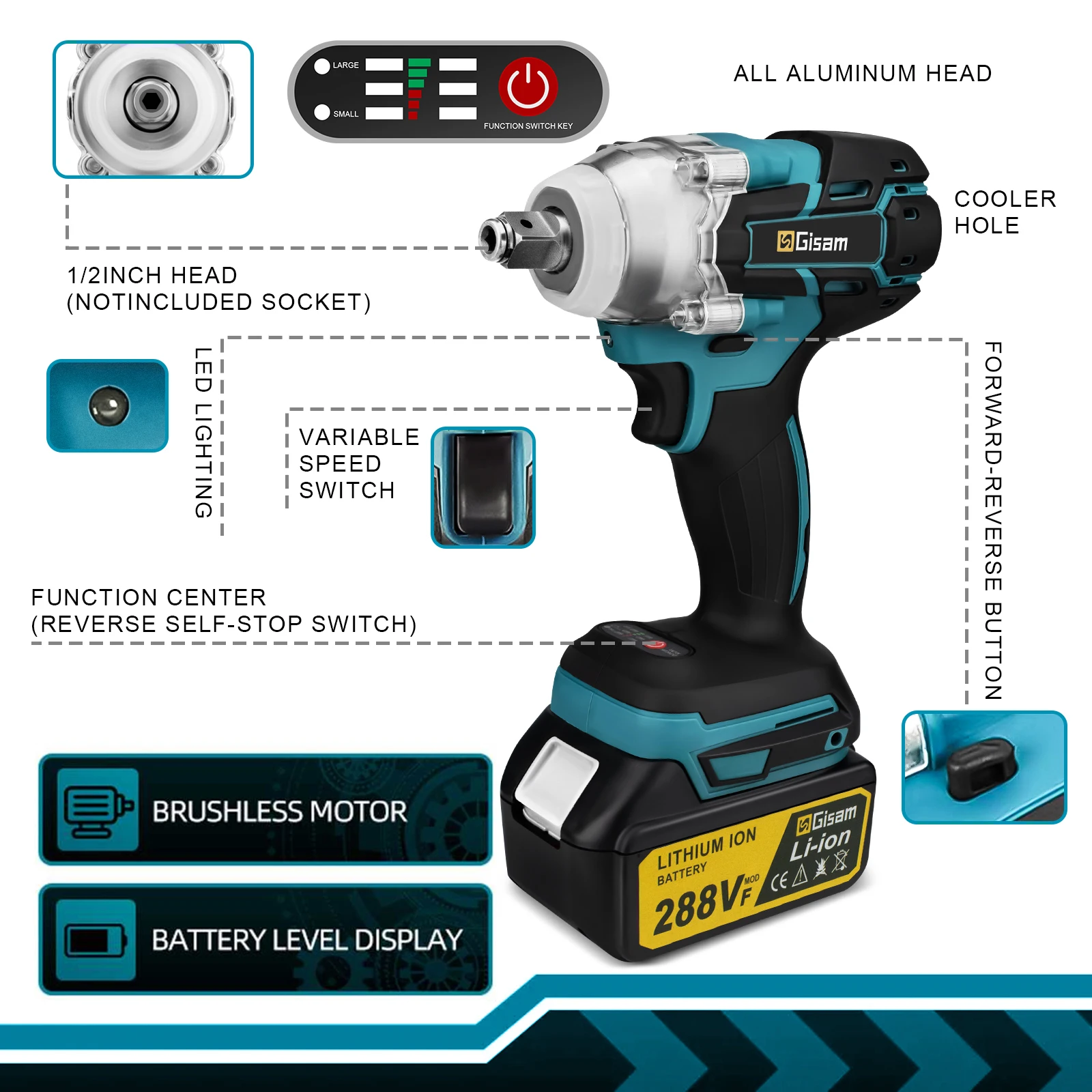 Gisam 520N.M Brushless Electric Impact Wrench Cordless Electric Wrench 1/2inch for Makita 18V Battery Pin Screwdriver Power Tool