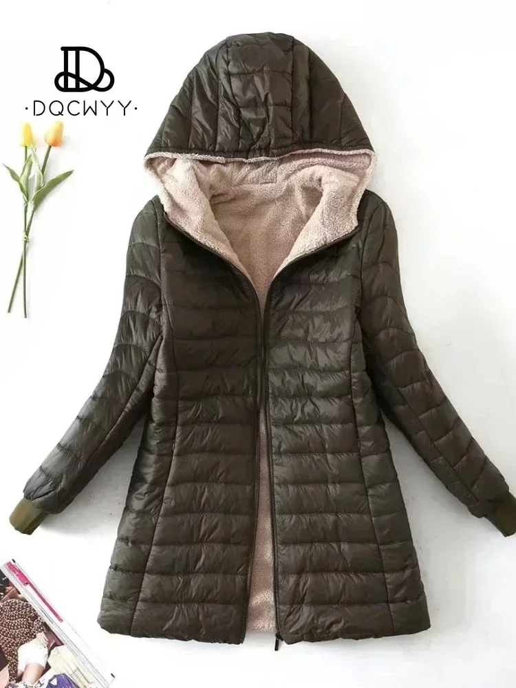เสื้อแจ็คเก็ตสตรีฤดูหนาวใหม่ความยาวกลางเกาหลีHooded Fit Plusขนแกะผ้าฝ้ายCoat Warm LambขนแกะParkasแจ็คเก็ตฤดูหนาว