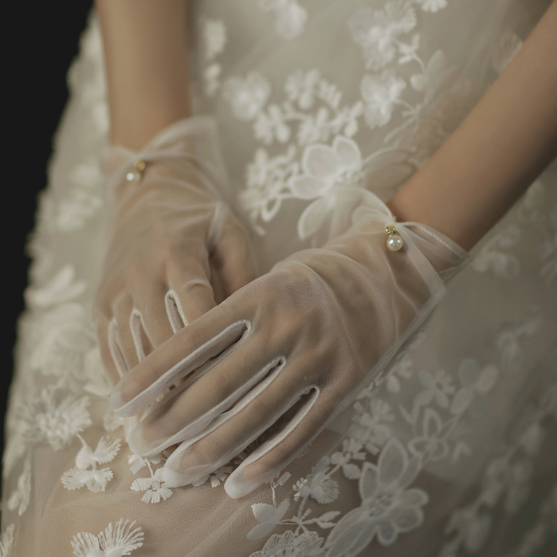 Gants de mariage transparents Vintage, robe de mariée blanche, avec nœud en maille et perles, courts en dentelle, accessoires de mariage