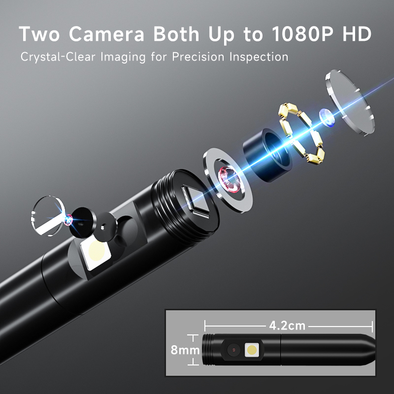 Endoscope à double objectif, Endoscope, écran IPS 4.3 pouces, HD1080P, sonde de 8MM, caméra de plomberie étanche avec led réglables pour contrôle de voiture