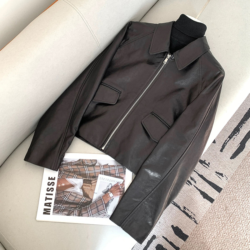 2025 Lente damesjas van zwart echt leer van echt schapenvacht