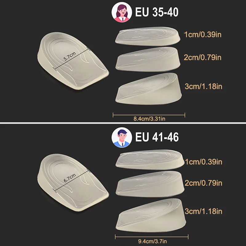 Gel Silicone Tăng Chiều Cao Đế Gót Nâng Miếng Lót Giày Chăm Sóc Chân Tấm Bảo Vệ Đệm Co Dãn Hỗ Trợ Vòm Lắp Cho Unisex