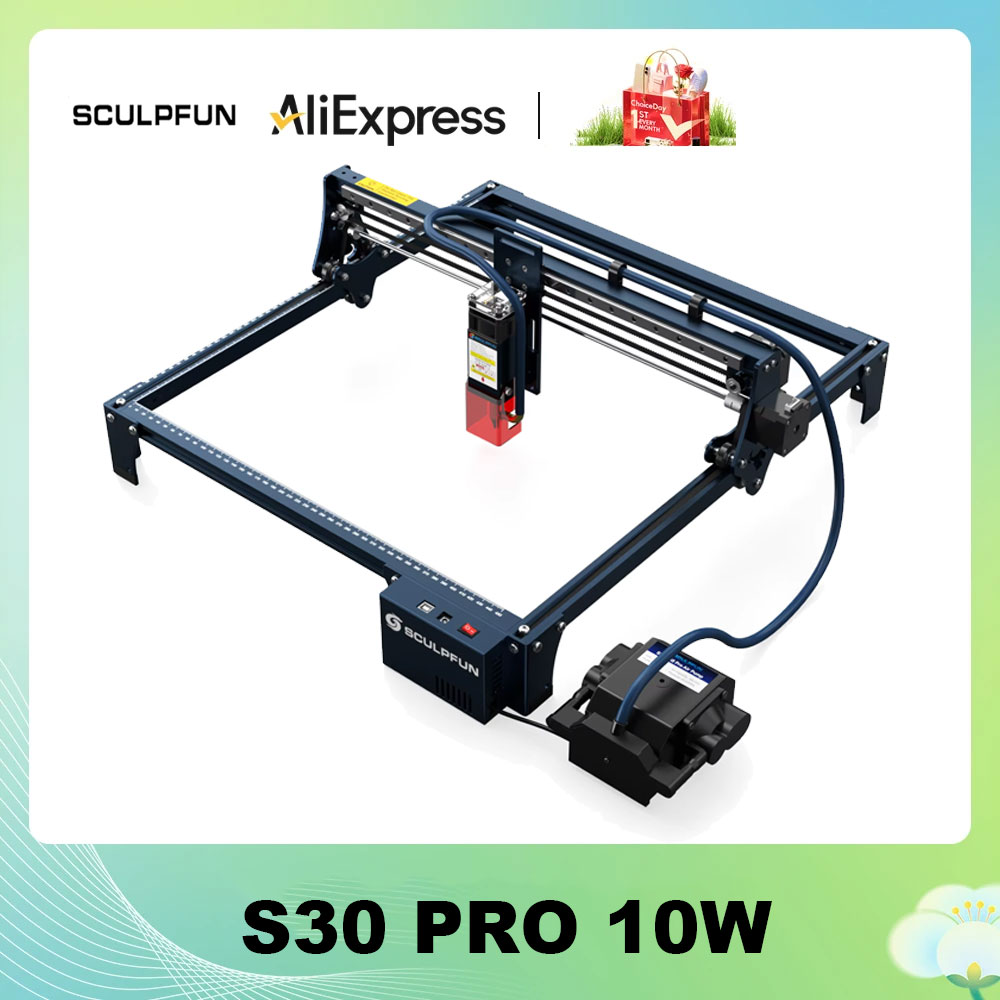 【Venta】Grabador láser SCULPFUN S30 PRO de 10W con sistema automático de asistencia de aire con máquina de grabado de panal/rodillos 410x400mm