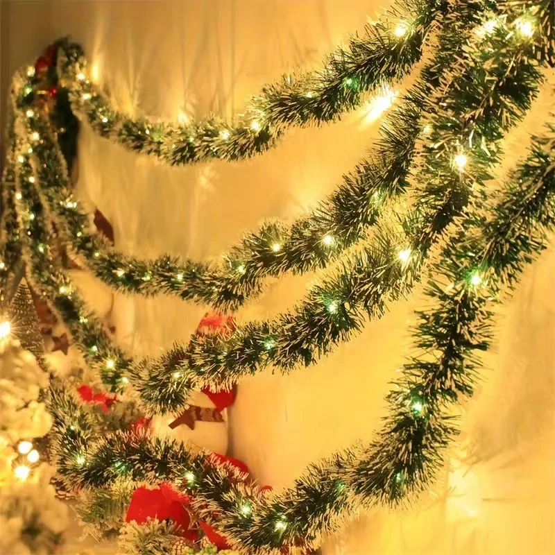Christmas Tinsel Garland Artificial Christmas Garland With LED Lights Xmas Metallic Twist Hanging Garland Fireplace 2m