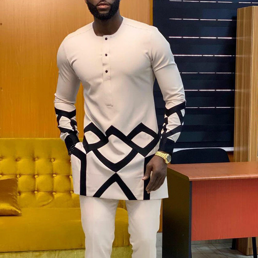Traje tradicional africano para hombre, Camisa estampada, Top con cintura elástica, pantalones blancos para boda, conjunto de 2 piezas, trajes de estilo étnico
