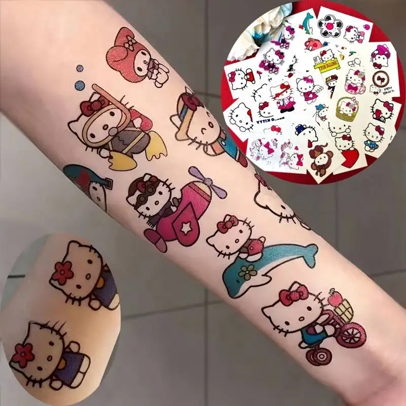 Tatuajes temporales de Hello Kitty Kuromi, bonitos tatuajes impermeables de Anime, Sanrio, Color duradero, pegatina de tatuaje Kawaii, regalos