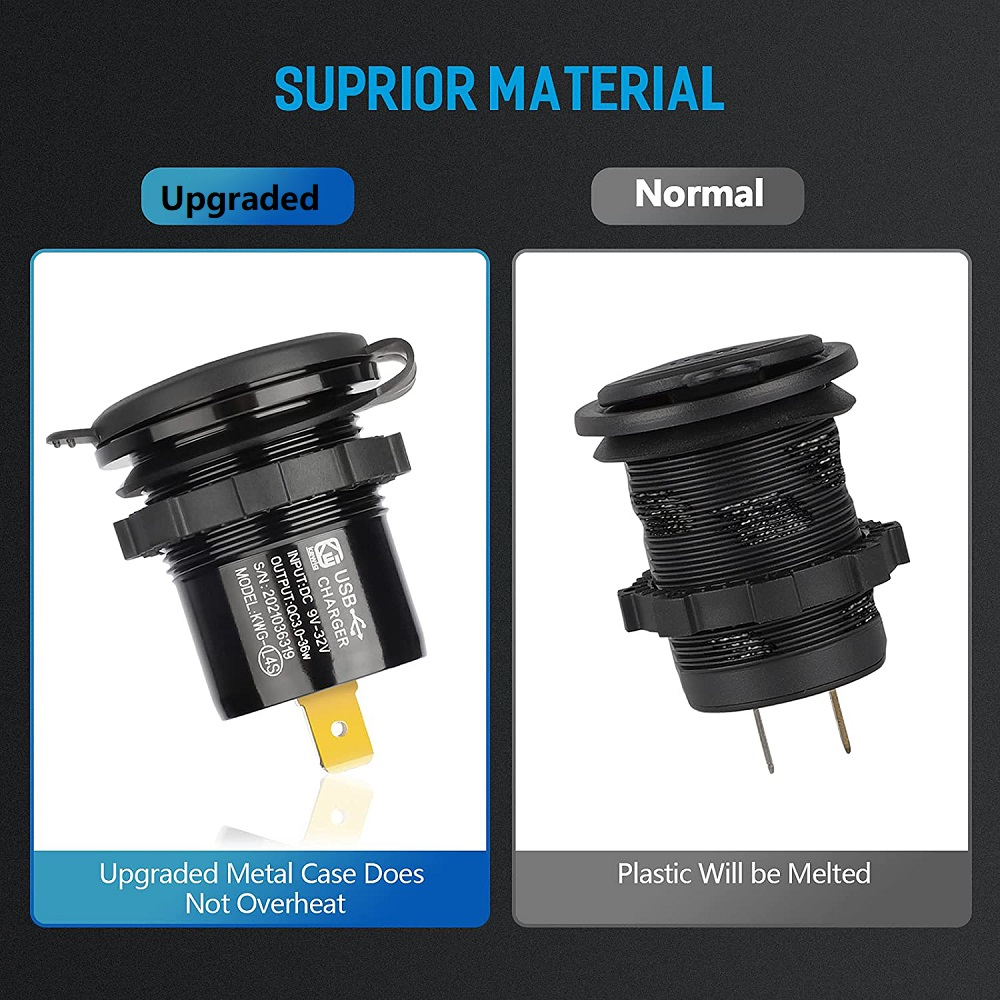 Aluminum 63W PD & QC 3.0 Dual USB Car Charger Socket 12V/24V Power Outlet Adapter Charge Adapter Waterproof Fast Charge Ports