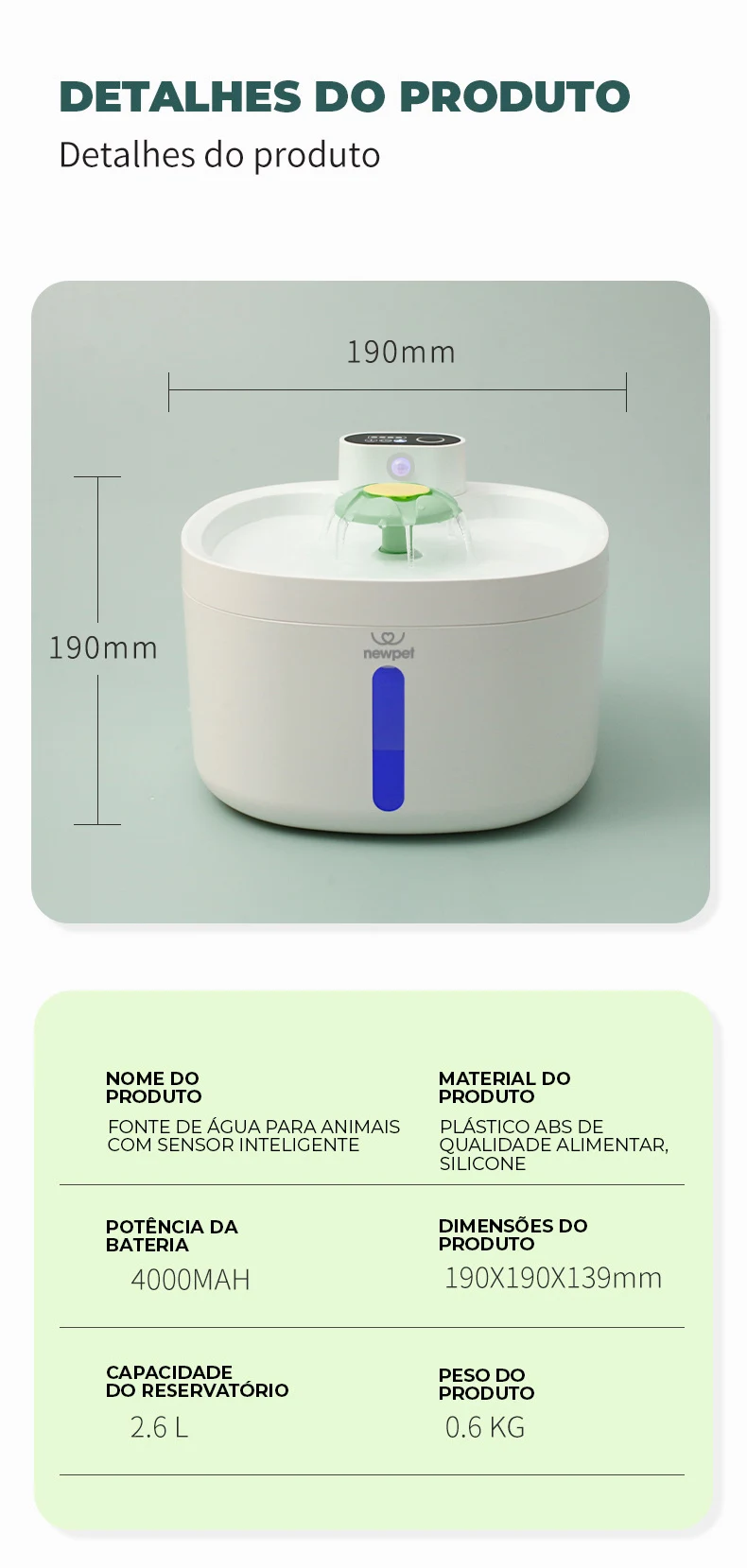 Newpet 2.6L Fonte de água sem fio para gatos Fonte de água com sensor automático para gatos Bebedor de água para cães Acessórios para bebedouros de animais de estimação