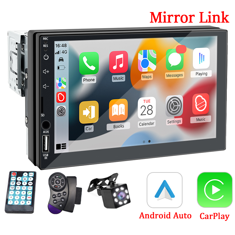 Radio samochodowe 1 Din Carplay Android Auto Odtwarzacz multimedialny HD 7'' Ekran dotykowy FM Wejście AUX Bluetooth MirrorLink Uniwersalne radio samochodowe