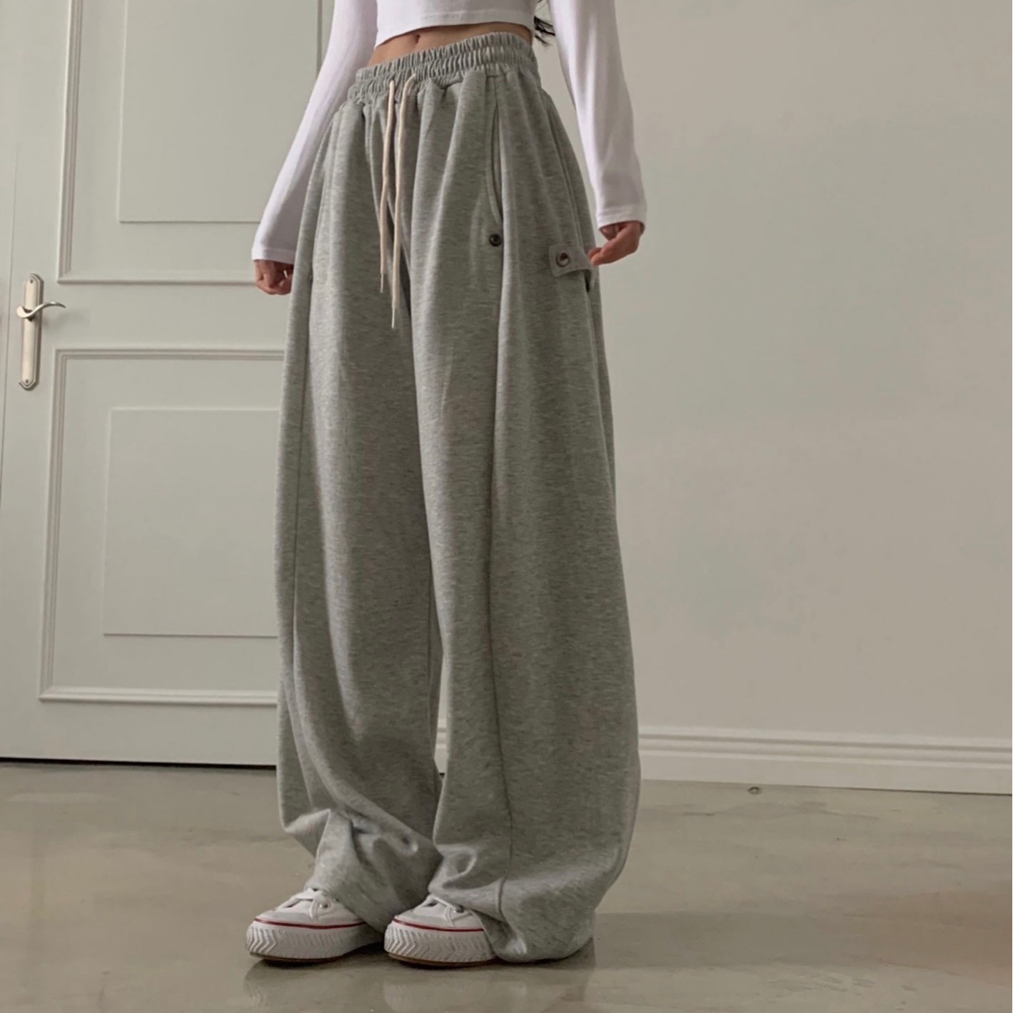 Chic Commuter Casual Pants Elastic Waist Oblique Buckle Design Versatile Long Pants for Women Polyester Fiber Wide Leg Pants