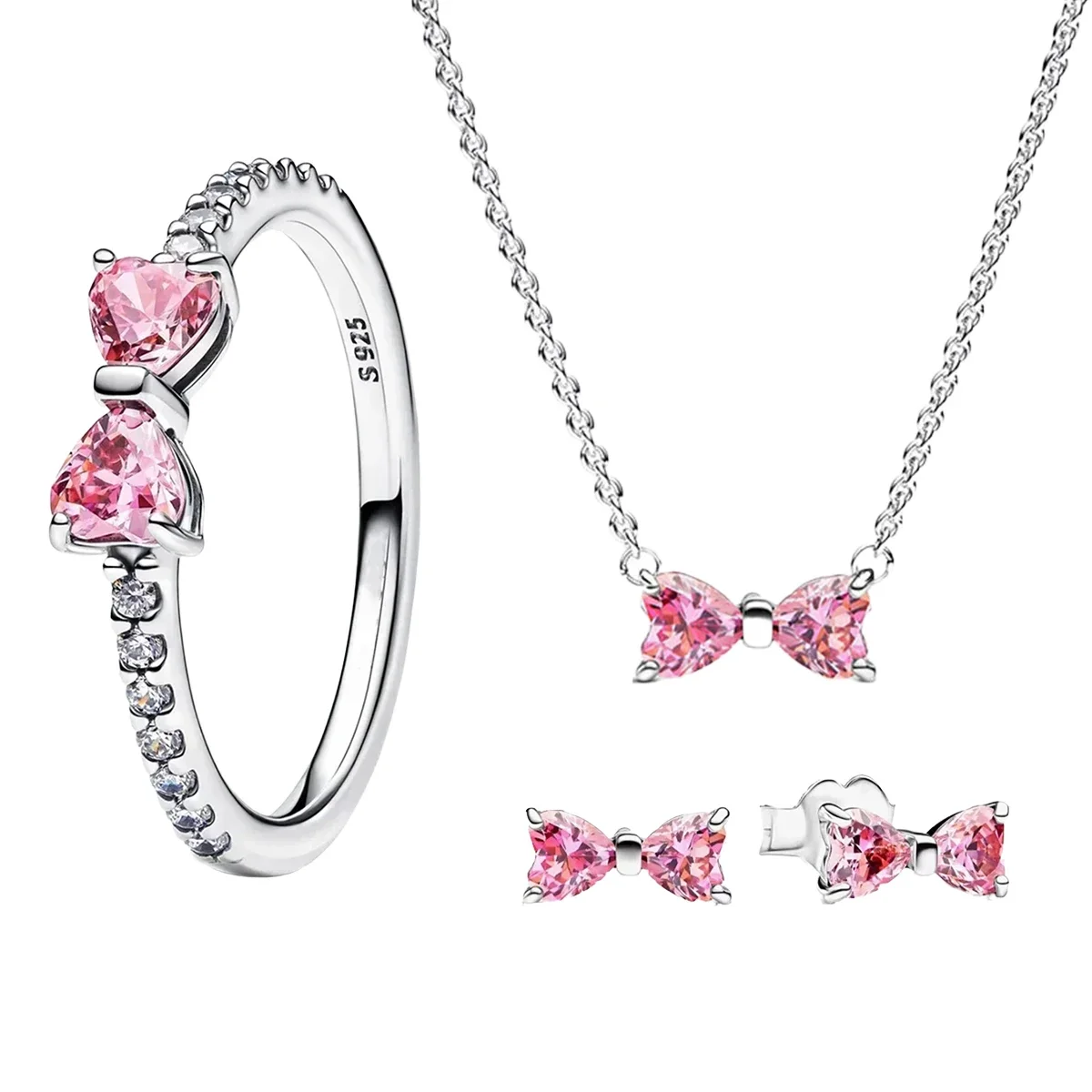 Bijoux fins rose brillant arc ensemble bague boucles d'oreilles Bracelet collier Zircon Original 925 en argent Sterling bricolage femmes bricolage cadeau d'anniversaire