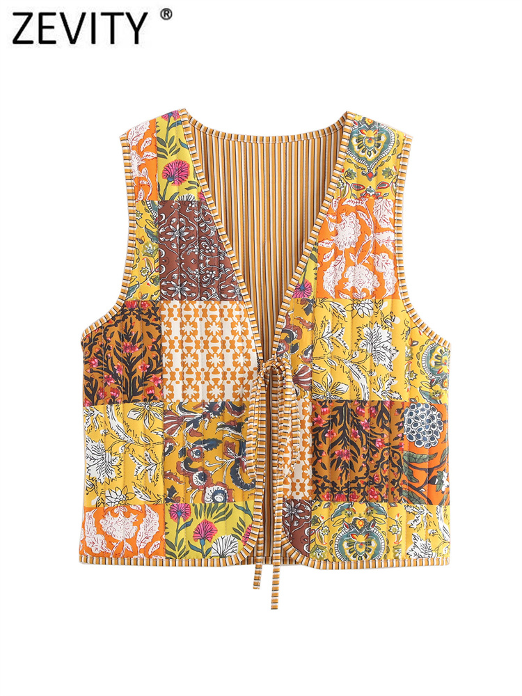 Zevity Vrouwen Vintage V-Hals Patchwork Gewatteerd Katoenen Vest Jack Dames Retro Vetersluiting Slank Vest Tops Ct6467
