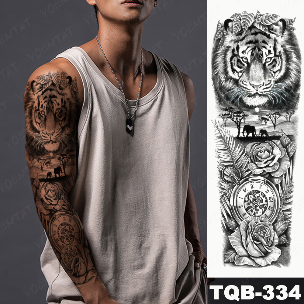 Tatuaje de manga de brazo grande, corona de León, rey, rosa, tatuaje temporal resistente al agua, pegatina, lobo salvaje, tigre, hombres, tótem de calavera completa, tatuaje falso