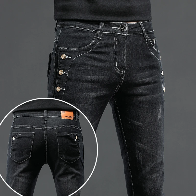 Neue Männer Dünne Koreanische Taste Jeans Schwarz Dünne Einfarbig Stretch Multi-taste Jugend Männlichen Denim Hosen Streetwear