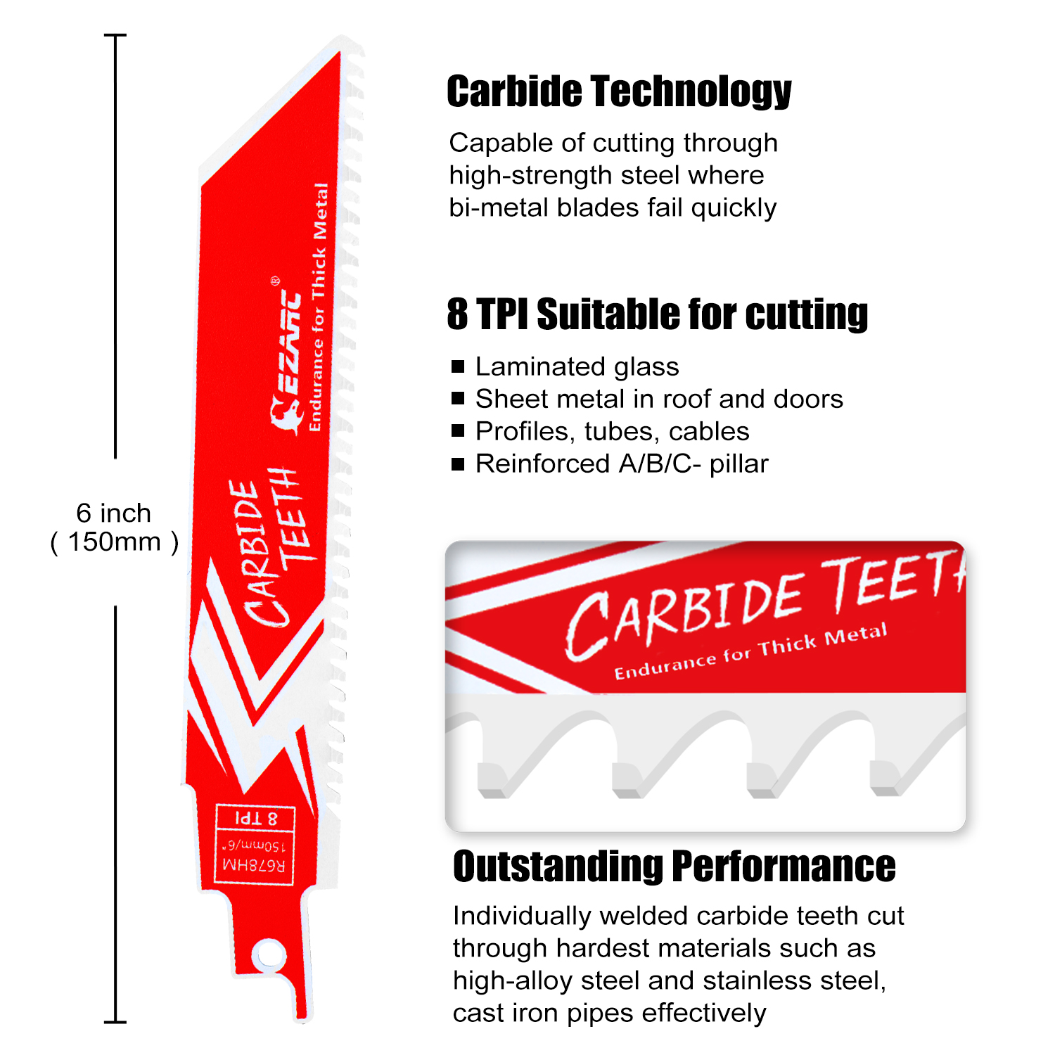 EZARC 3/6/9 unidades 150 mm (6 polegadas) lâmina de serra alternativa de carboneto R678HM resistência para metal grosso, ferro fundido, liga de aço, 8TPI