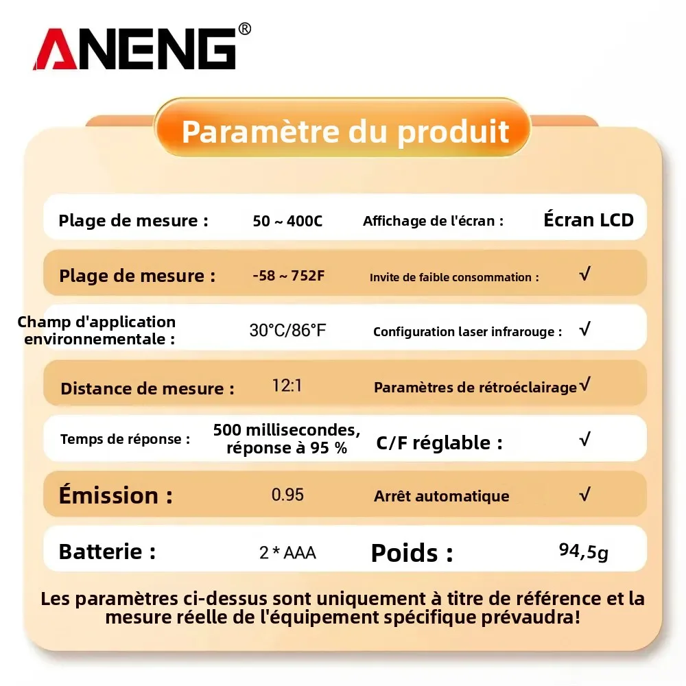 ANENG TH201 Celsius affichage thermomètre infrarouge numérique haute sensibilité sans contact pistolet de mesure de température hygromètre