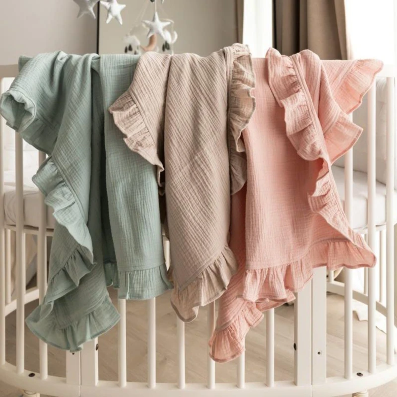 Coperte per neonati in cotone organico Neonato Mussola Swaddle Avvolgere il bambino Garza con volant Coperta Articoli per biancheria da letto Accessori per neonati
