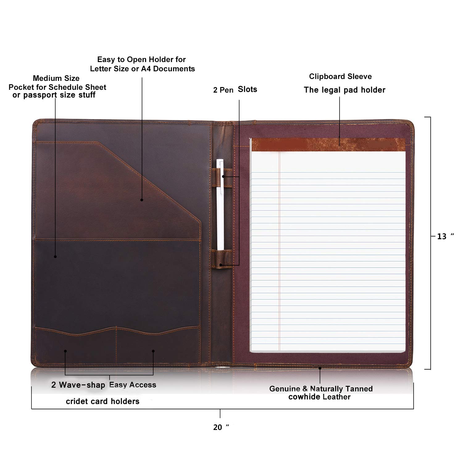 Vintage Genuine Leather Notepad Clipboard A4 Folder Legal Pad iPad 10.5" Tablet Case 33.5x25.4x3cm 0.8kg