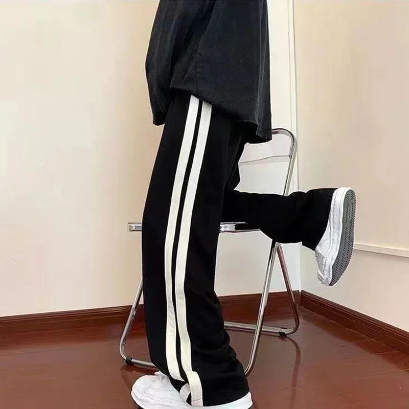 2025 Korean Fashion Wide Leg Pants Women Loose Casual Striped High Waist Woman Hiphop Elastic Waist Pocket Straight Pants
